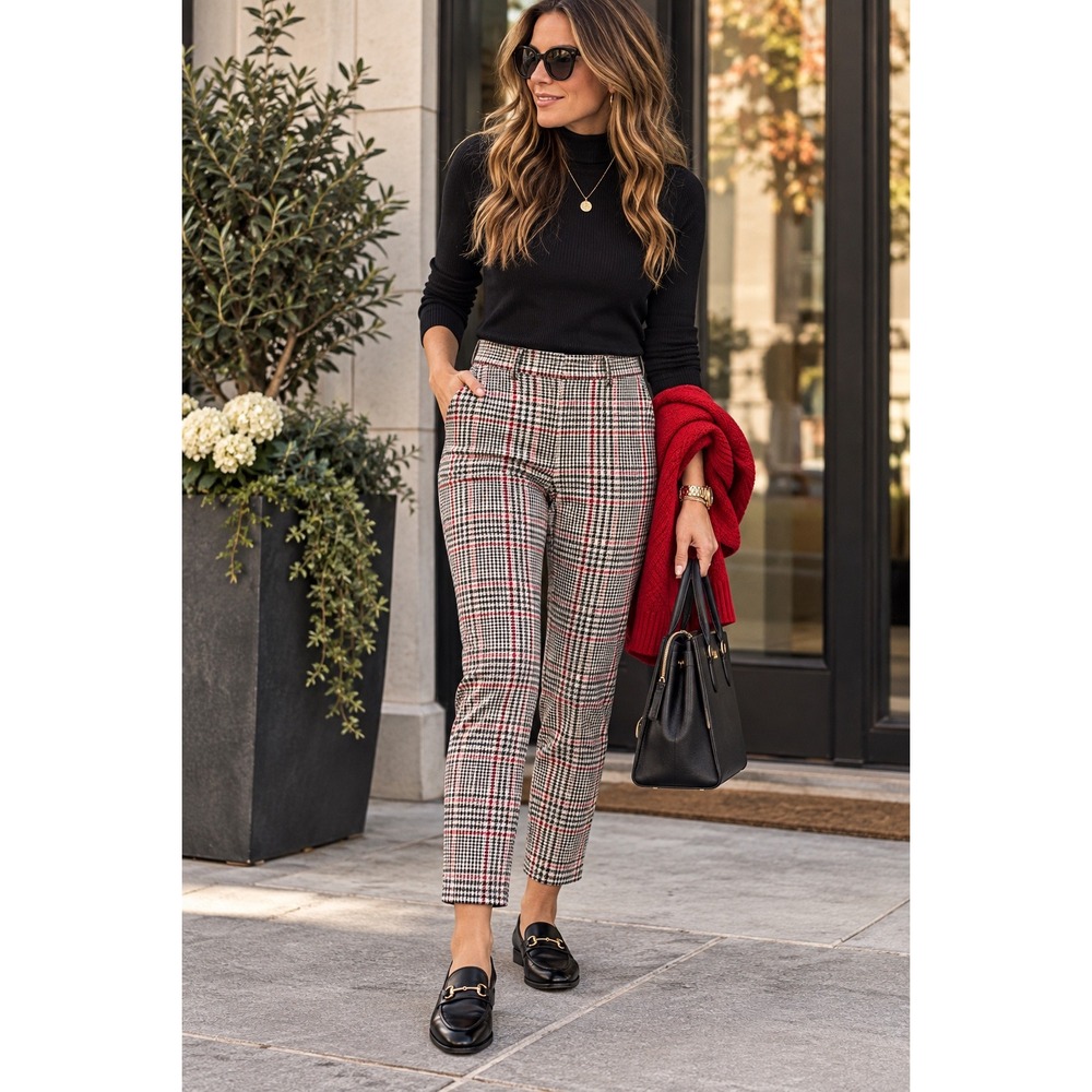 Old Navy Pixie High Rise Plaid Ankle Pants Black Red White Size 6 Slim Trousers